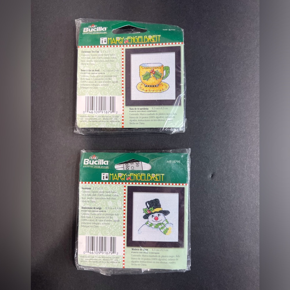 2 Bucilla Mary Engelbreit Christmas Snowman and Tea Cup‎ Cross Stitch Ornament